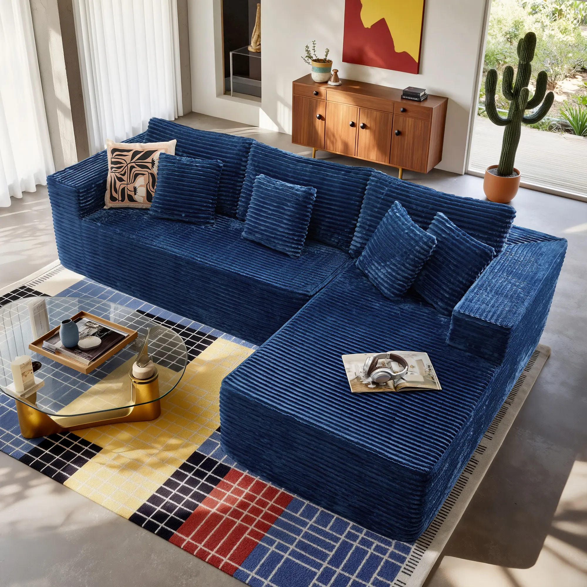 Navy Plush Corduroy Right Chaise