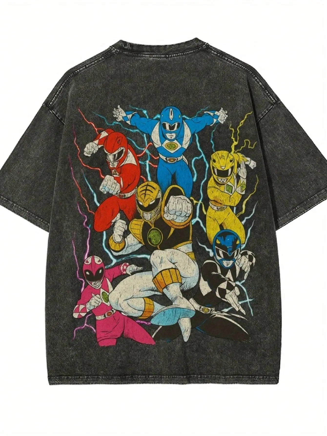 Men's Fashion Round Neck Casual Washed T-Shirt Power Rangers Print Machine Washable Comfortable All Seasons 100% Cotton Lightweight Breathable Fan Support Clothing Popular Anime Merchandise