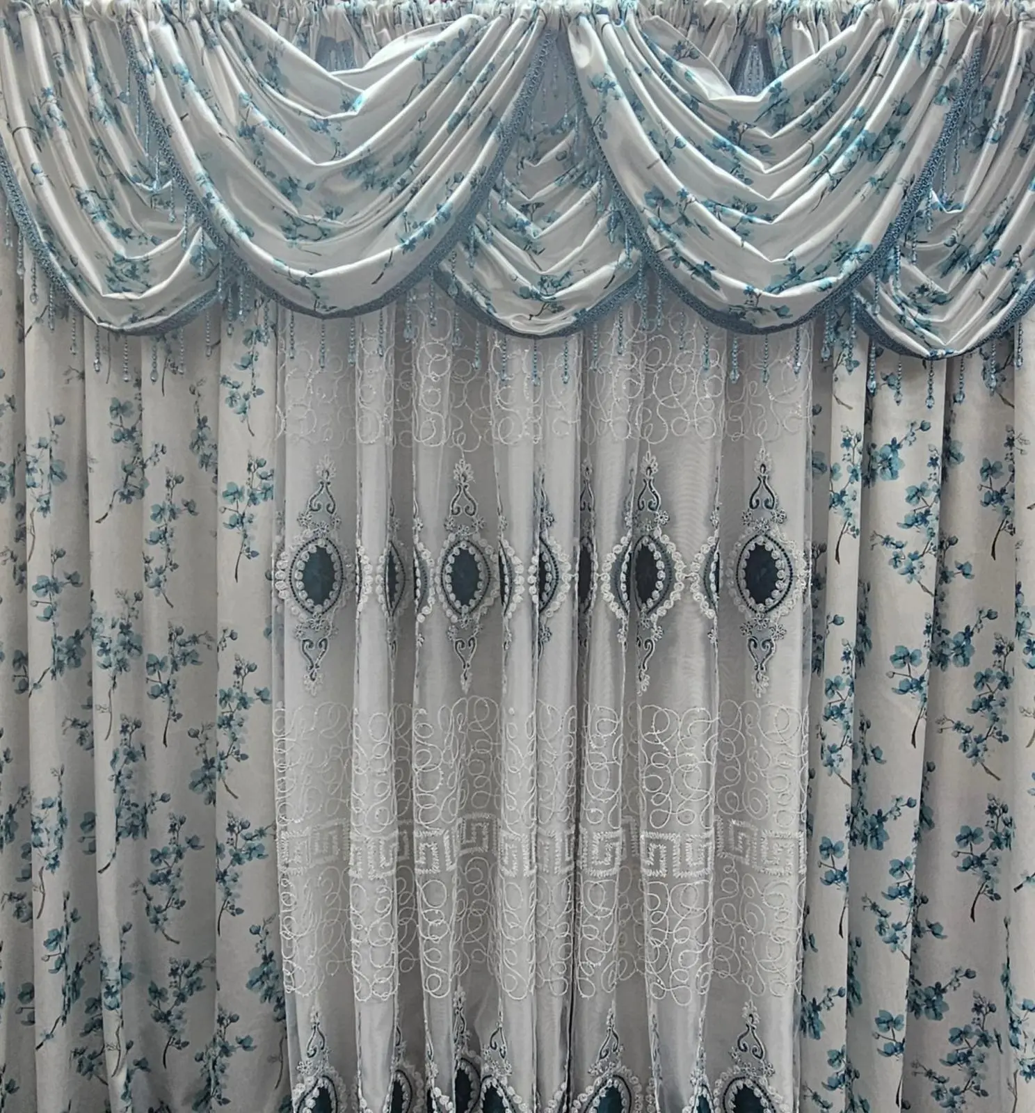 Regency Blossom Teal 11 Piece Curtain Set | Luxury Floral Window Treatment with Veronica Embroidered Panels