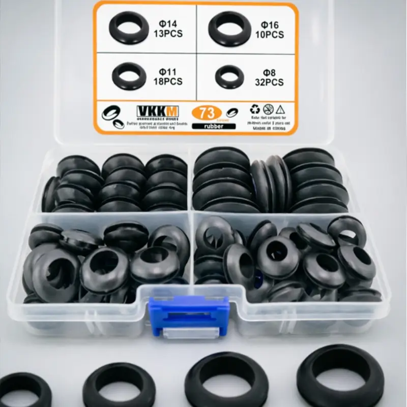 VKKM Rubber Grommet Assortment Kit, 4-Size 8mm/11mm/14mm/16mm Black Waterproof Insulating Wire Cable Hole Plugs for Auto, Electrical Wiring Protection