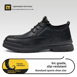 Men's SRC Slip-Resistant Soft Safety Footwear, Waterproof Oil-Proof Breathable Leather Chef Shoes with Indestructible Toe for Restaurant Kitchen Staff