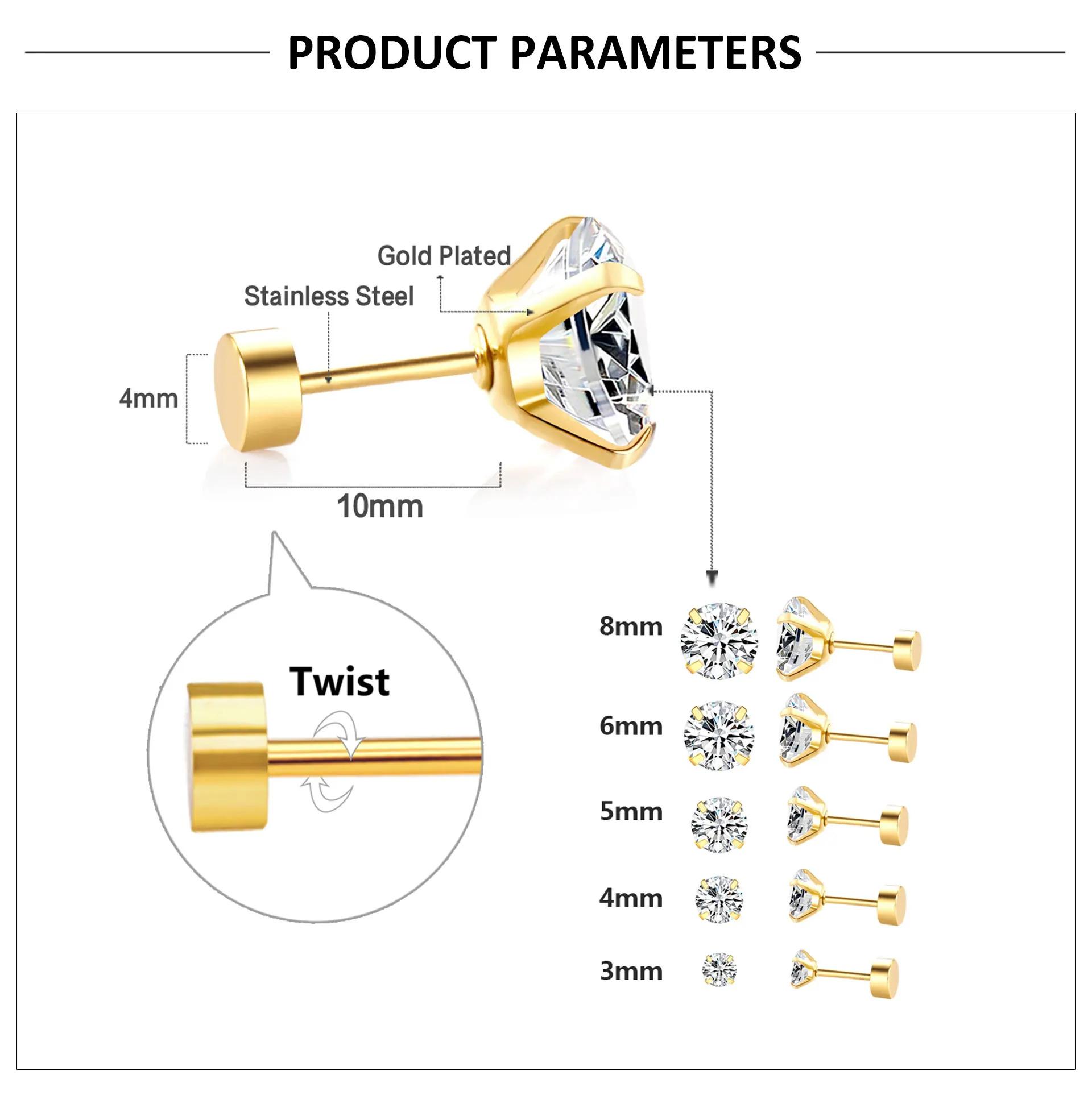 1Pairs/2Pcs Stainless Steel Crystal Studs Earrings For Women Men 4 Prong Tragus Round Clear Cubic Zirconia Ear Jewelry