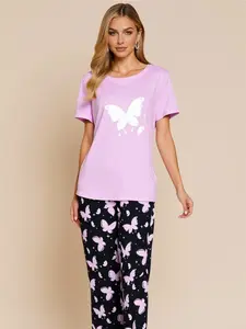 Women's Butterfly Print Short Sleeve Top and Pants Sleepwear Loungewear Set, Comfortable Ladies Pajamas, Fashion Home Casual Clothing