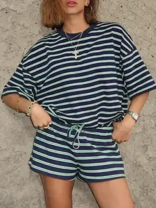 Women's Loose Striped Top and Shorts Set, Summer Home Casual Wear, Comfortable and Relaxed, Perfect for Daily Wear, Everyday Womenswear