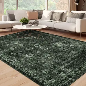 Garvee Washable 9x12 Area Rug in Dark Green with Vintage Floral Design, Large Non-Slip Foldable Carpet, Super Soft Thin Printed Indoor Rug for Living Room, Dining Room, Bedroom, and Office