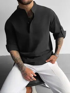 Men's Linen Shirt, Old Money Stand Collar, Half Placket Pullover, Long Sleeve, Minimalist Oversized Solid, Casual Wear, Breathable