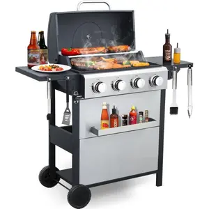 4-Burner Propane Gas Grill, Stainless Steel Control Panel, Easy Ignition, Temperature Gauge, 2-Enameled Cooking Grids, Portable With Wheels For 34,200 BTU Outdoor Barbecue BBQ Grill