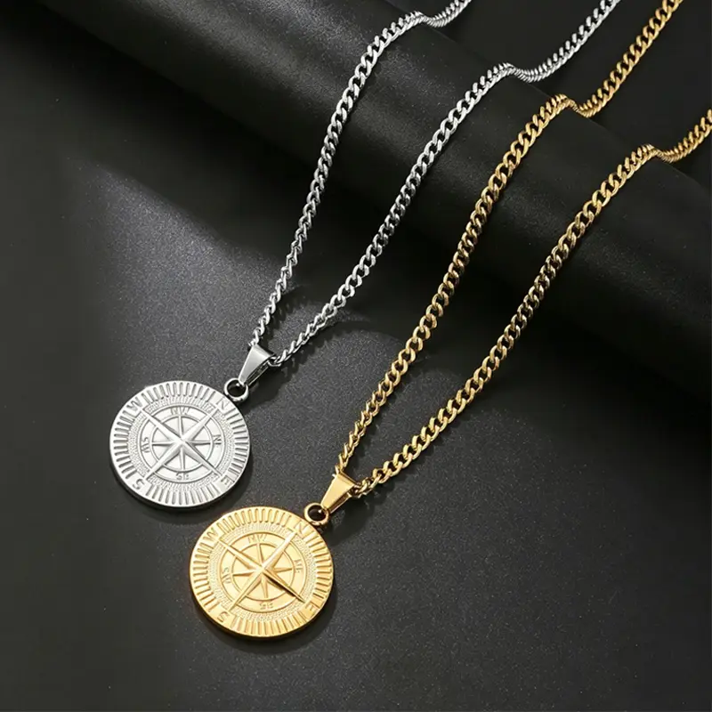 Men s Compass Pendant Necklace Stainless Steel Navigator Forged for Male Jewelry