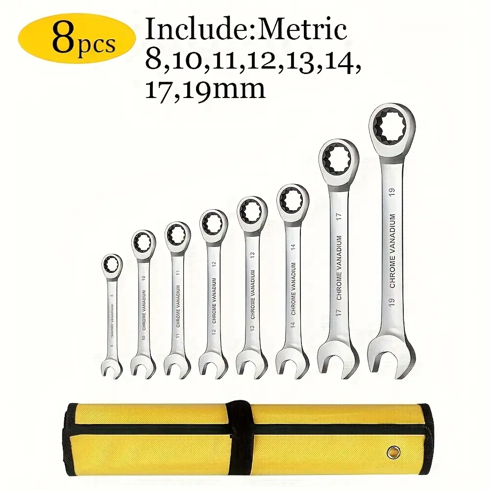 8PCS 72 Teeth Ratcheting Wrench Set Double Box End Flex Head with Gray Nickel Coated Ratchet Wrench Set with Organizer, for Home Daily Use, tools and gadgets,tool kit set,tools and gadgets for him Combination Wrench Set ,tools and gadgets for him