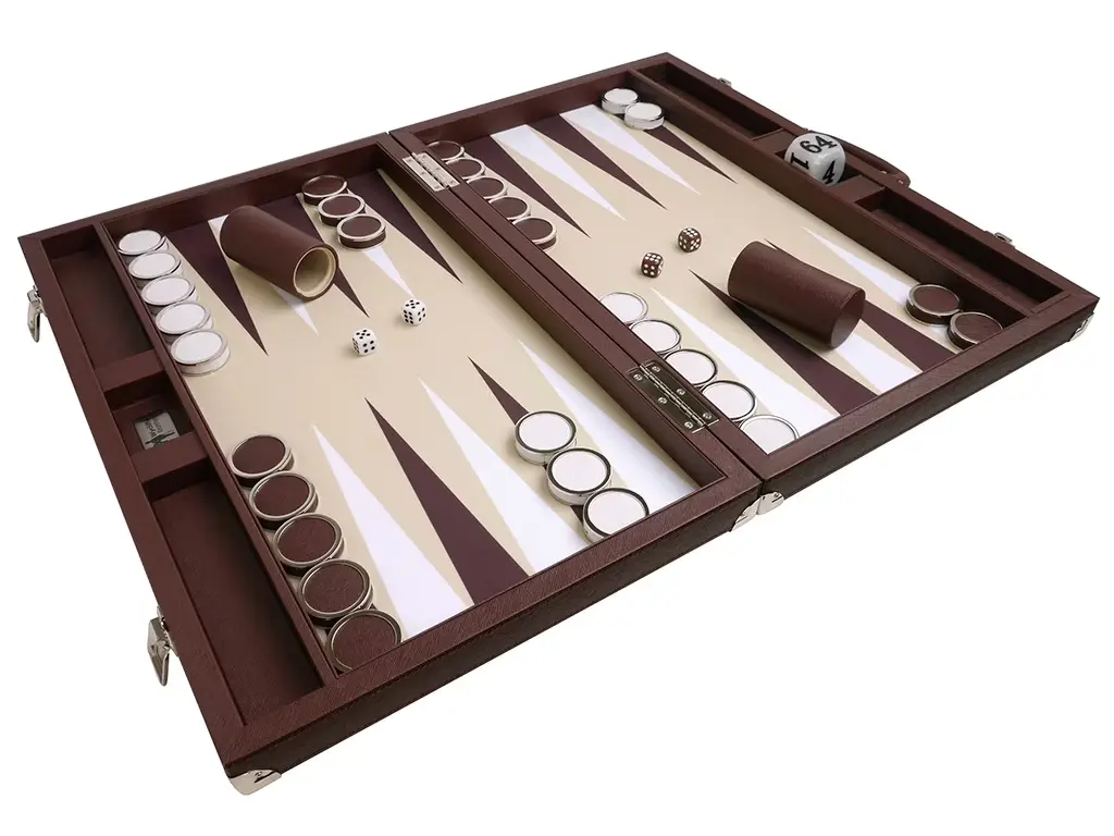 Wycliffe Brothers 23-inch Backgammon Set with 1.75-inch Nickel Checkers - Brown Case with Beige Field - Prestige Class