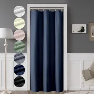 Modern Narrow Berry Stall Shower Curtain, 36x72 in Soft Waffle-Textured Blue Water-Resistant Fabric, Machine Washable Farmhouse Bathroom Privacy Cover with Non-Slip Door Installation Support