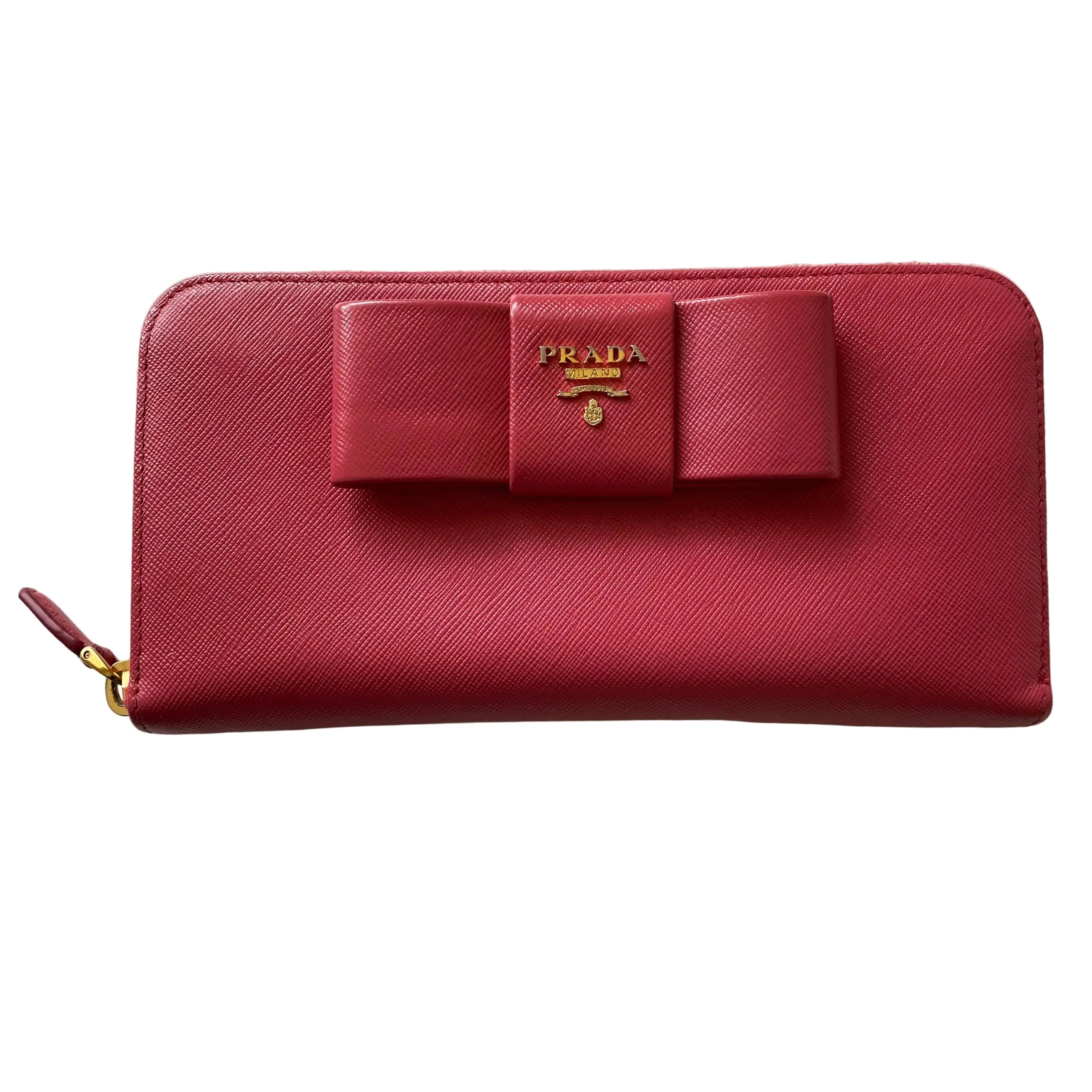 Pre-owned PRADA zipper wallet  Small Leather Goods pink saffiano leather wallet Authentic with box coa