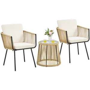 Costoffs 3-Piece Outdoor Patio Bistro Set: Boho Wicker Chairs with Tempered Glass Table & Cushions - for Balcony, Porch & Garden