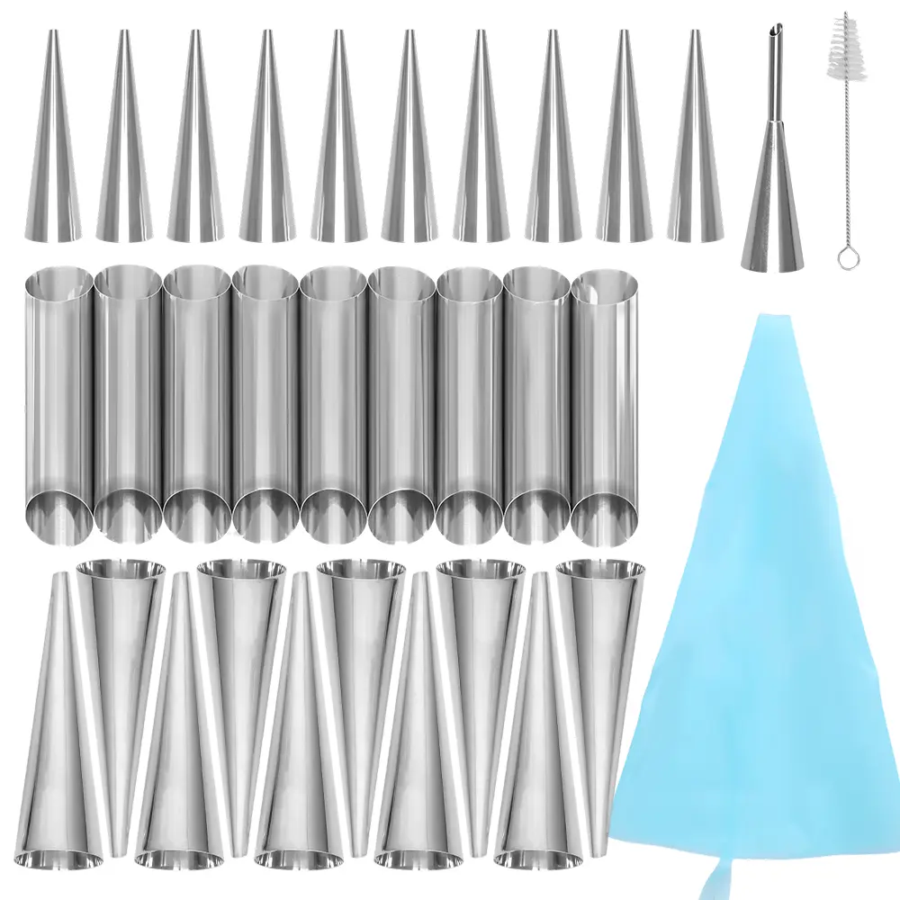 33Pcs Sturdy Non-Stick Stainless Steel Cannoli Tubes Kit with Nozzle - 20Pcs Cones, 10Pcs Tubular Bake Molds for Desserts - Oven-Safe Baking Tools for Chefs, Father's Day, Easter Home Improvement Use