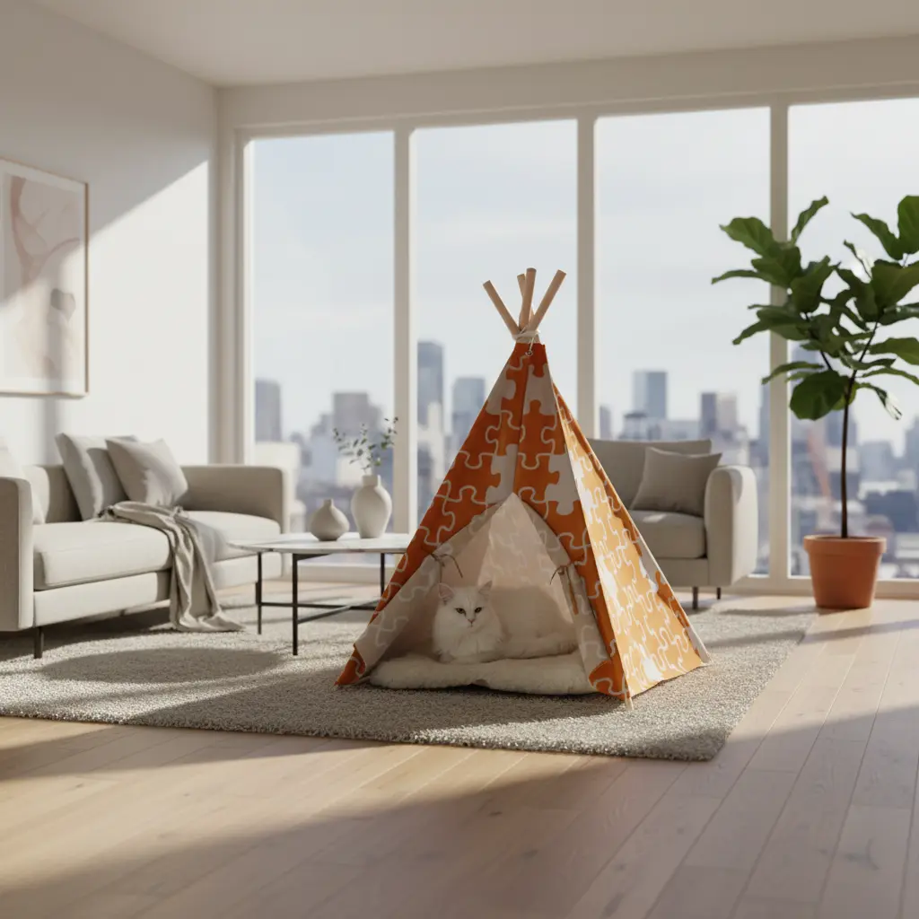 Pet Teepee, Orange Puzzle, Medium - Cozy & Stylish Pet Tent