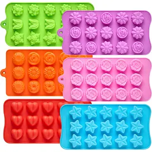 6 Pcs Flower Silicone Chocolate Molds Set 15-Cavity Rose Heart Star Candy Mold Different Shapes Silicone Molds for Chocolate Candy Ice Cube Butter Jello