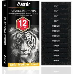 Compressed Charcoal Sticks Set of 12 – Soft, Medium, Hard Charcoal for Drawing, Sketching & Shading – Art Supplies for Artists, Beginners & Adults