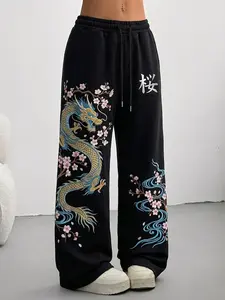 Women's Baggy Black Sweatpants Funny Japanese Sakura Dragon Floral Print High Waist Drawstring Oversized Joggers Fashion Streetwear Y2K Trousers
