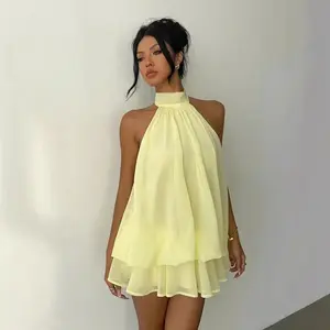 Women's Summer Fashion Everyday Party Halterneck Lace-up Mini Dress Home Outdoor City Slim Trend Casual Elegant Youth Simple Versatile Texture Temperament Natural Literary Art