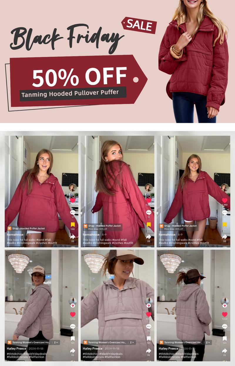 Tanming Women’s Oversized Hooded Pullover Puffer Jacket Cozy Lightweight Quilted Warm Hoodie with Chest & Side Pockets Fall Winter Spring Outwear Outfit TikTokShopBlackFriday