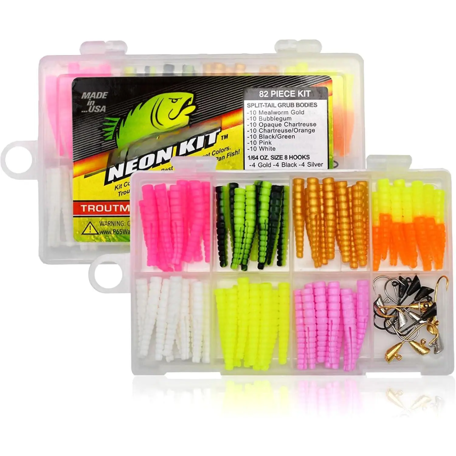 82-Piece Neon Artificial Lures & Accessory Kit - Soft Worms Grub Bodies Trout Bait (70 Count), 12 Size 8 Fishing Hooks, Artificial Fishing Lures, Fishing Accessory