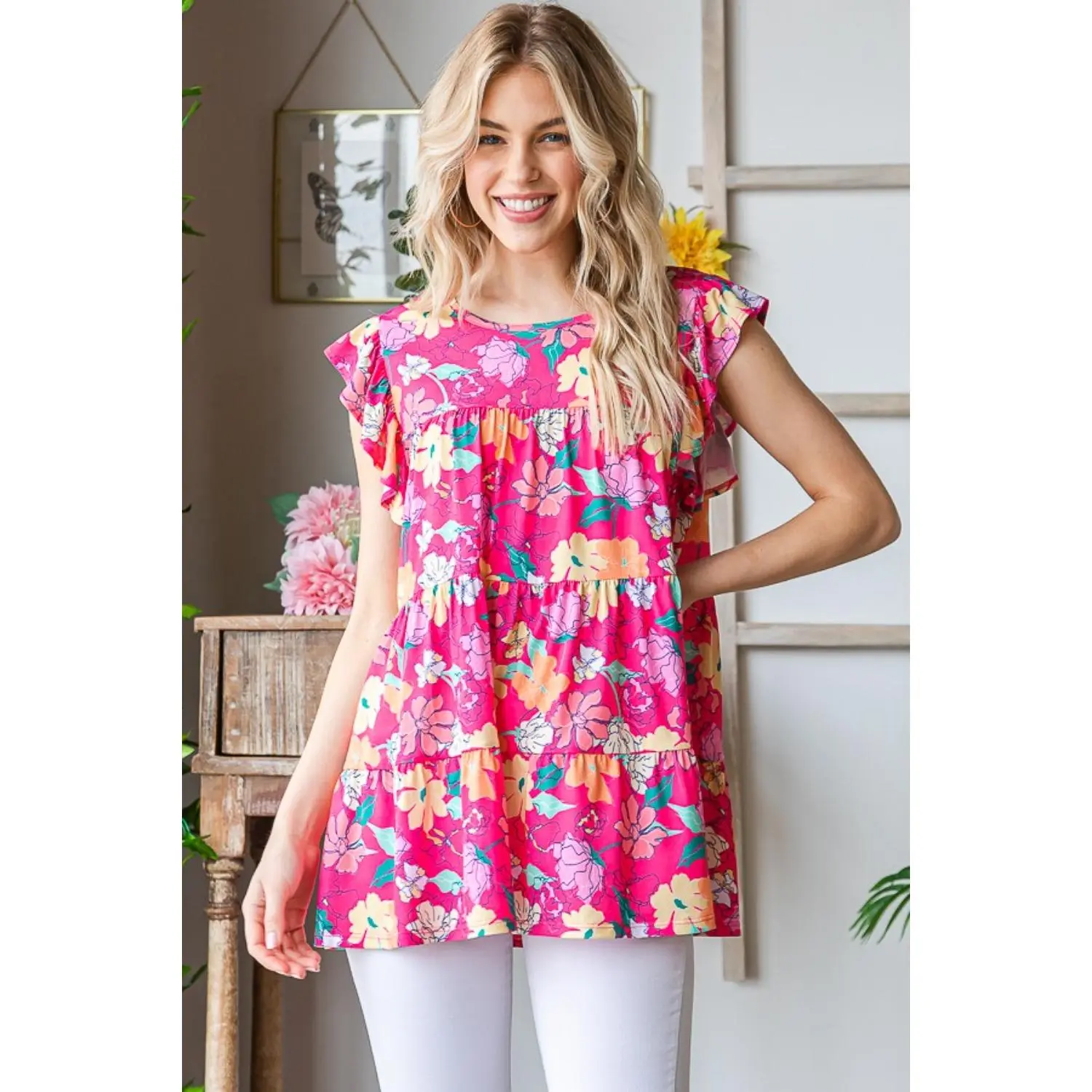 Heimish Top Full Size Floral Ruffle Sleeve Tiered Blouse Casual Shirts Womenswear