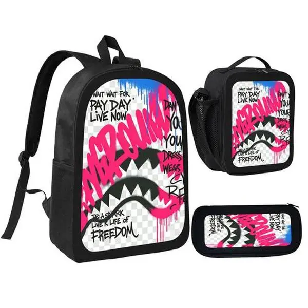 Graffiti Shark 3-Piece Backpack Set, Street Art Print School Bag + Lunch Bag + Pencil Case, Oxford Cloth Adjustable Strap Daypack for Teens & Kids