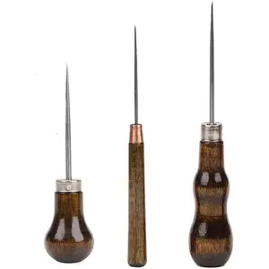 3 Pack Scratch Awl Tool with Wooden Handle Gourd Shape Pin Punching for Leather Punch Hole Craft Repair Shoes Sewing Crochet DIY  Stitch