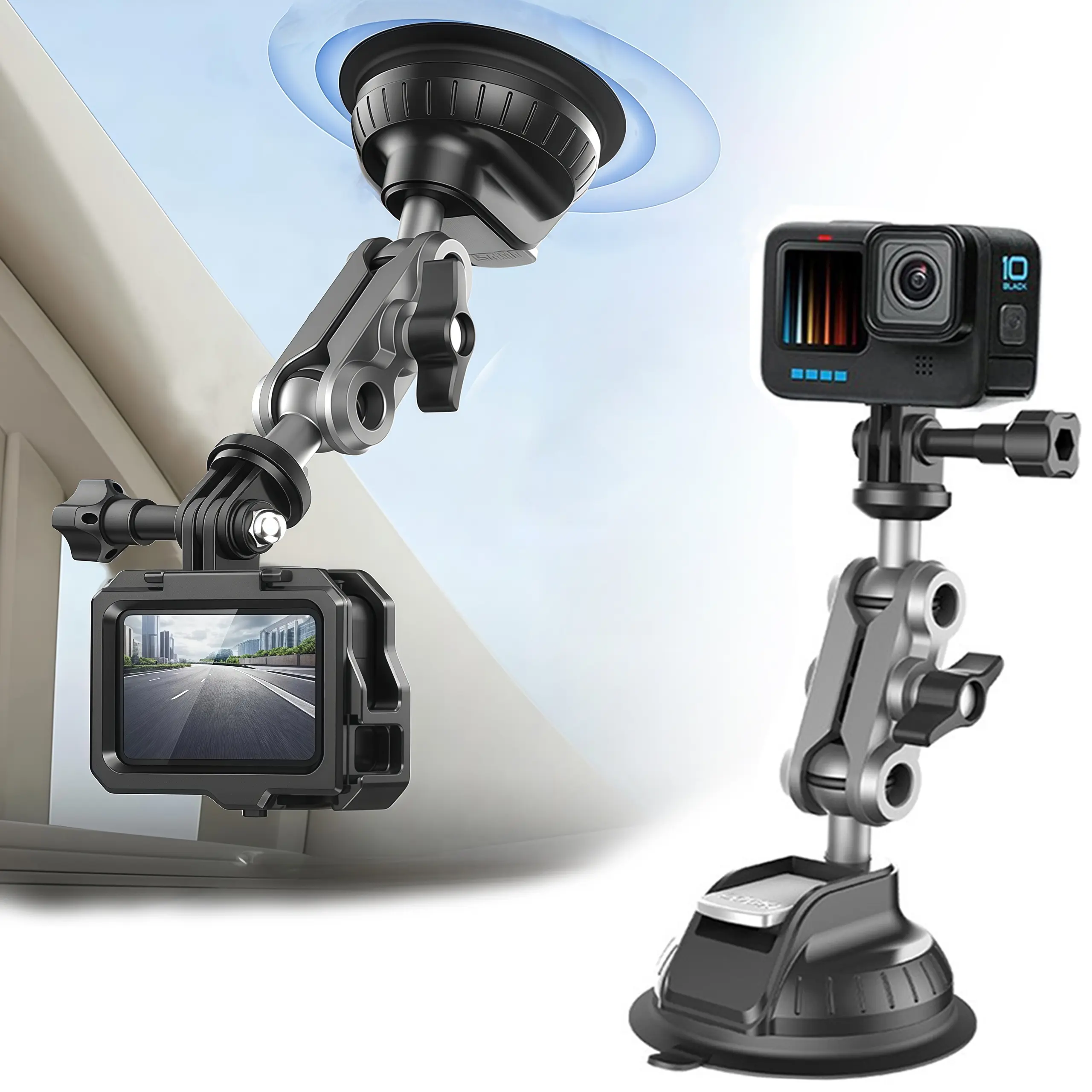 Camera Suction Cup Car Holder Mount for GoPro, DSLR Action Cameras, 1/4" Thread Aluminum Alloy Base, Powerful Suction, 360° Flexibility, Easy to Operate High-Quality Windshield Mounting Accessory