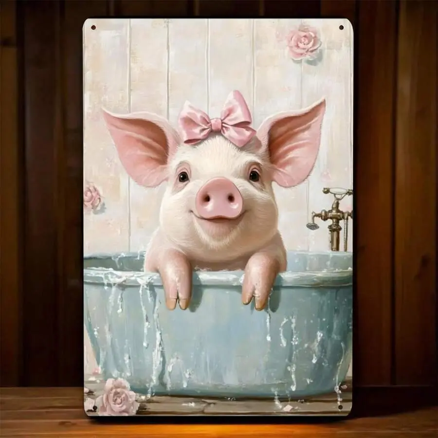 8x12in Multicolor Iron Cute Pig-in-Bathtub Tin Sign, Girls' Farm Animals Wall Decor, Pink Bow Piggy Tinplate Plaque, Holiday Thanksgiving Pride Home Decor Gift, Bathtub Theme