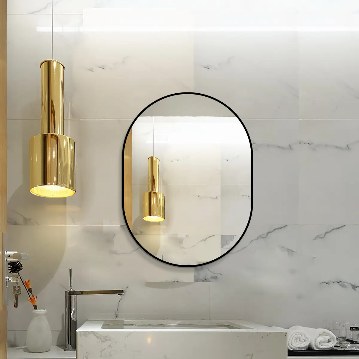 24" x 32" Capsule Bathroom Mirror, Framed Vanity Mirror with Aluminum Frame, Vertical Wall Mounted Mirror    RR