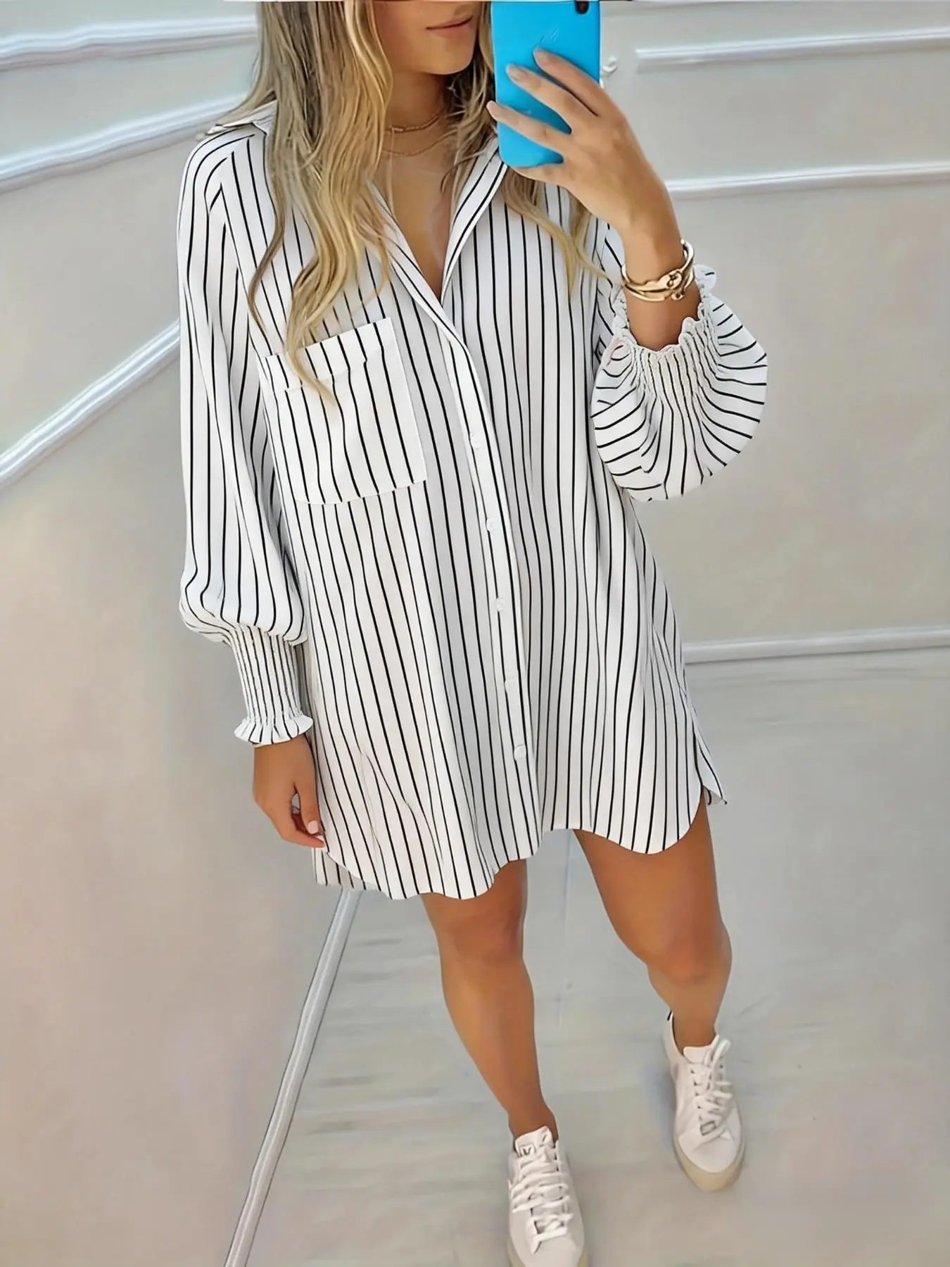 Plus Size Women's Striped Print Button-Up Long-Sleeve Blouse Shirt, Loose Fit Casual Classy Top Everyday Commuter Shirt, Casual Button Collared, Stylish & Comfortable Design