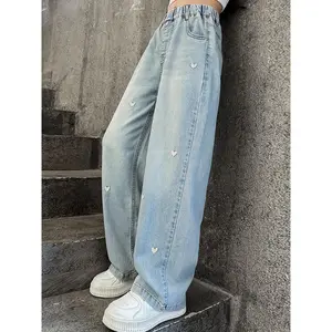Light Blue ' Summer Jeans - Casual Straight Wide Leg Denim with Heart Pattern, Loose Fit, Elastic Waistband, Breathable Thin Tencel Blend for