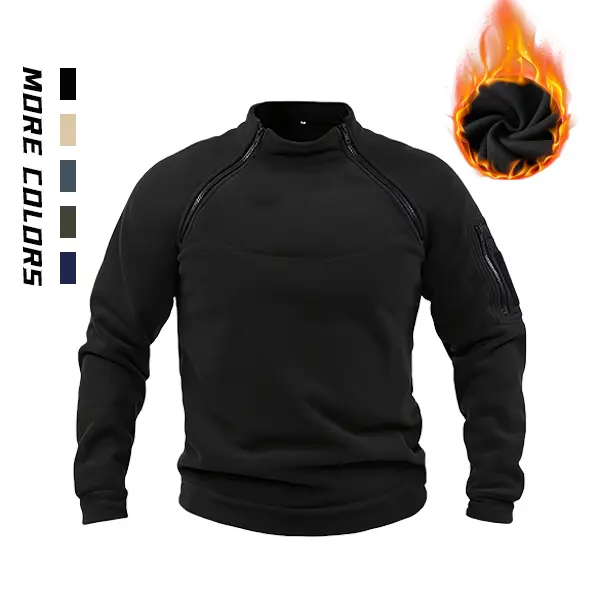 Men’s Minimalist Fitted Tactical Shirt - Multi-Color Fleece Collared Neck Double-Zip Long-Sleeve Thick Warm Casual Top with Multiple Zippers for Commuting, Autumn-Winter Wear, Sweatshirt, Polyester, Long Sleeves, More Colors, Pull On