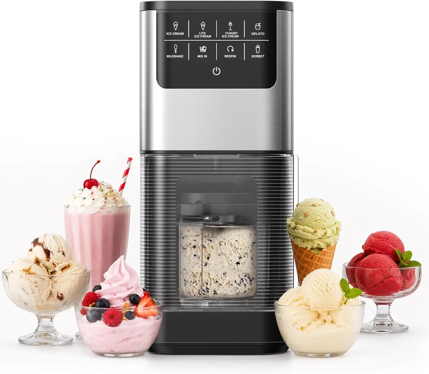 EUHOMY 7-in-1 Ice Cream Maker 1 Pint Compact Machine, Homemade Gelato Sorbet Milkshake Maker with Re-Spin Function for Keto Protein Healthy Desserts, 1-Pint Capacity, Auto Lift
