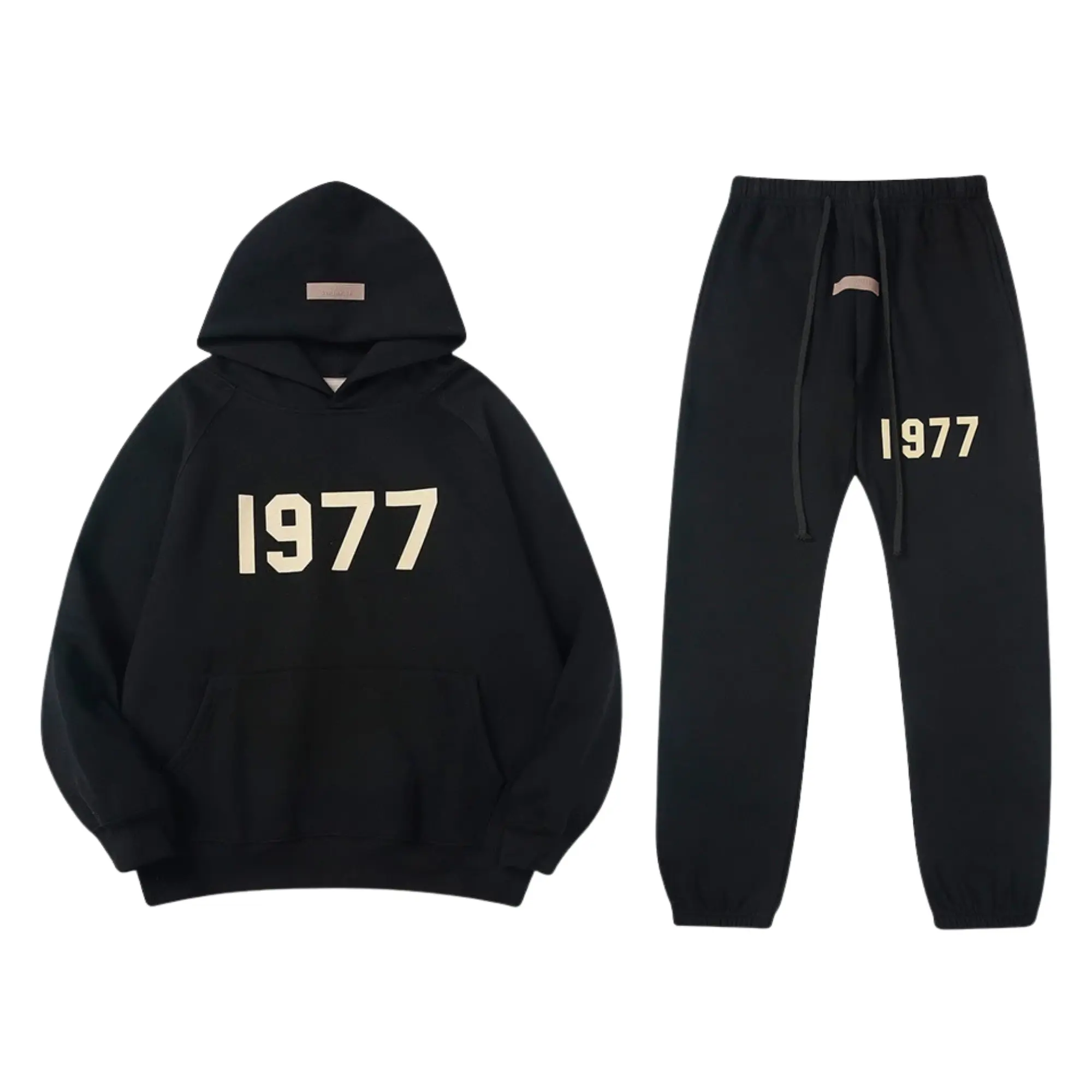 Unisex 1977 Essential Hoodie & Pants Black Set – Men's 2-Piece Pullover Sweatshirt & Joggers, Streetwear Clothing, Gift For Him Her