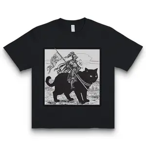 Medieval Knight Cat Graphic Tee, Black Fantasy Armor Cat Shirt, Unique Medieval Animal Art Casual T-Shirt