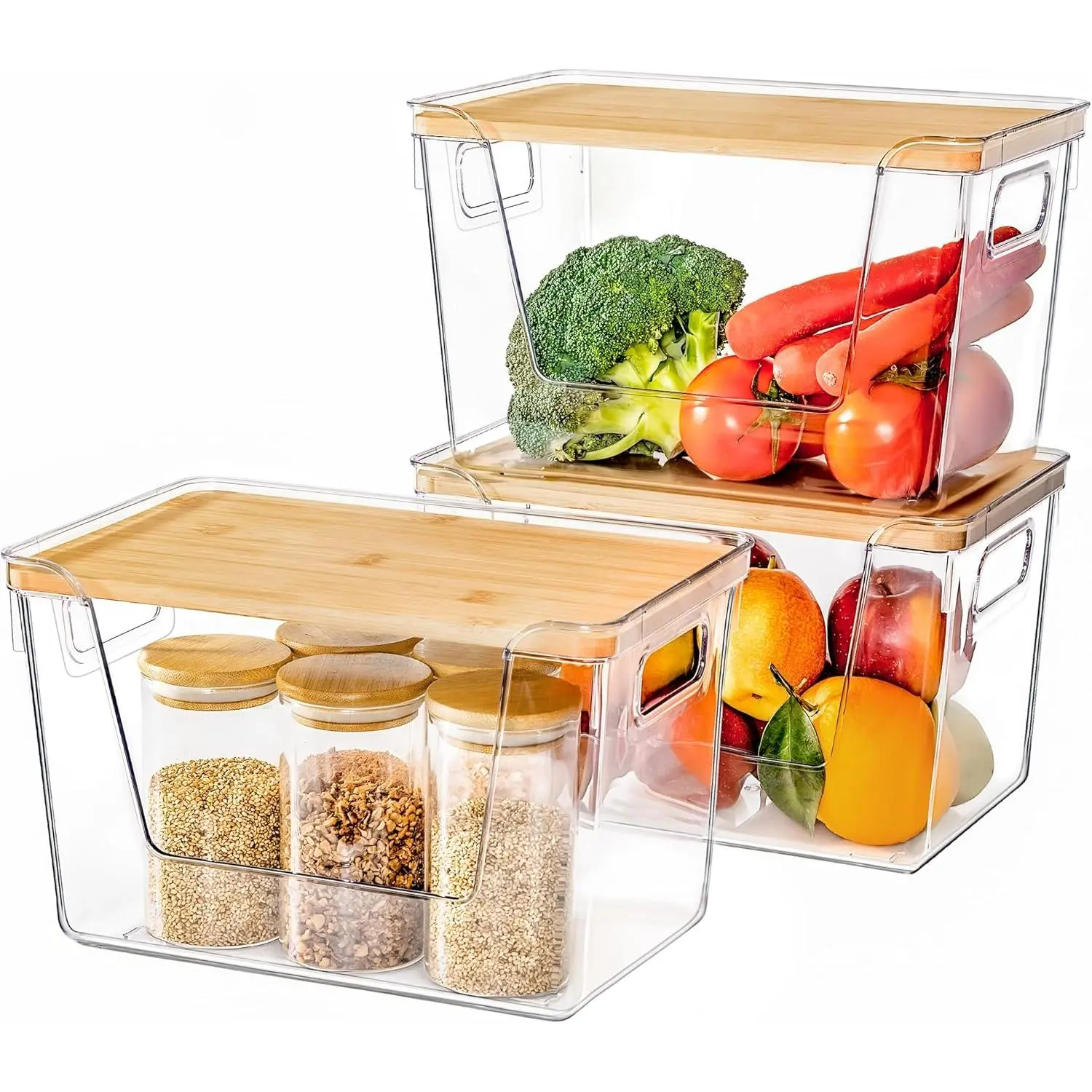 2/3/4-Pack Stackable Clear Pantry Bins – Food Storage Containers with Bamboo Lids – For Onion, Potato, Fruit & Vegetables – Under Sink & Kitchen Organizer