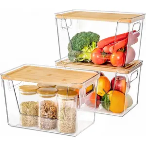 2/3/4-Pack Stackable Clear Pantry Bins – Food Storage Containers with Bamboo Lids – For Onion, Potato, Fruit & Vegetables – Under Sink & Kitchen Organizer
