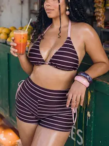 ASTRA x Swim Mod Women's Purple Striped Swimwear Set,Summer Beach Vacation Holiday Plus Size 2-Piece Bikini,Backless Halter Top&Side Tie Shorts,Elegant Swimsuit