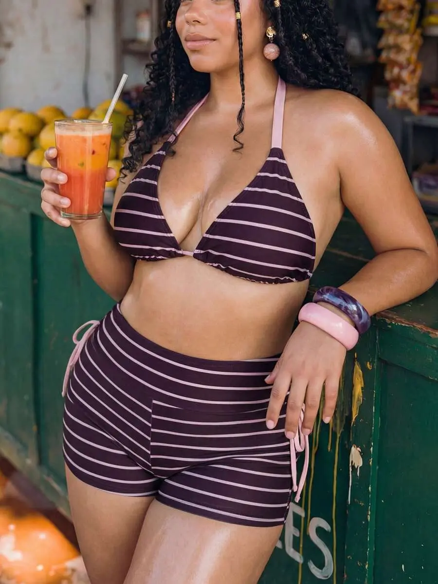 ASTRA x Swim Mod Women's Purple Striped Swimwear Set,Summer Beach Vacation Holiday Plus Size 2-Piece Bikini,Backless Halter Top&Side Tie Shorts,Elegant Swimsuit