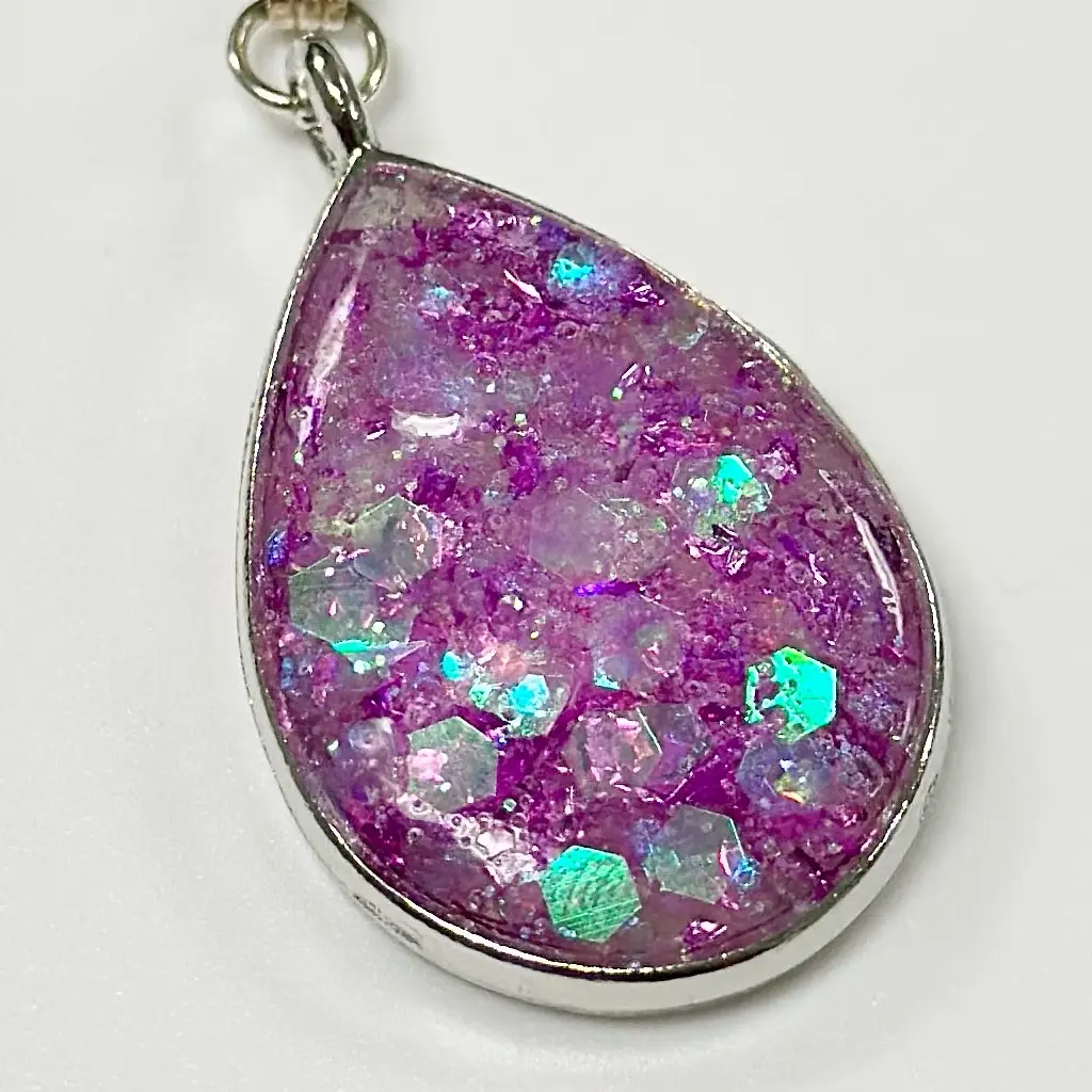 Glittery Pink Resin Teardrop Pendant with 20 in cord