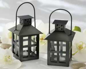 Kate Aspen Decorative Lanterns - Set of 2 - Distressed Metal Vintage Mini Wedding Lantern, Centerpiece for Wedding Table, Accent Piece and Home Decor, Wedding Favors and Baby Shower Favors (Black)