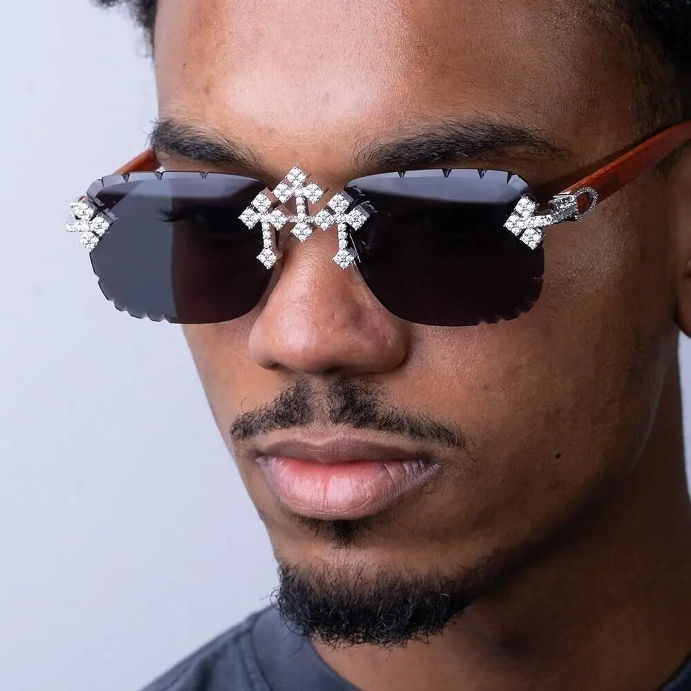 MaxBling81 Moissanite Fleuree Cross Borderless Sunglasses - UV-Protection PC Plastic Lenses, Unisex Modern Fashion Eyewear, Men's Rimless Shades, Borderless Men's Sunglasses