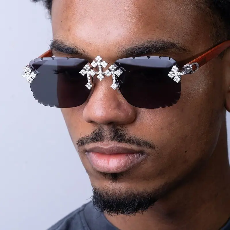 MaxBling81 Moissanite Fleuree Cross Borderless Sunglasses - UV-Protection PC Plastic Lenses, Unisex Modern Fashion Eyewear, Men's Rimless Shades, Borderless Men's Sunglasses