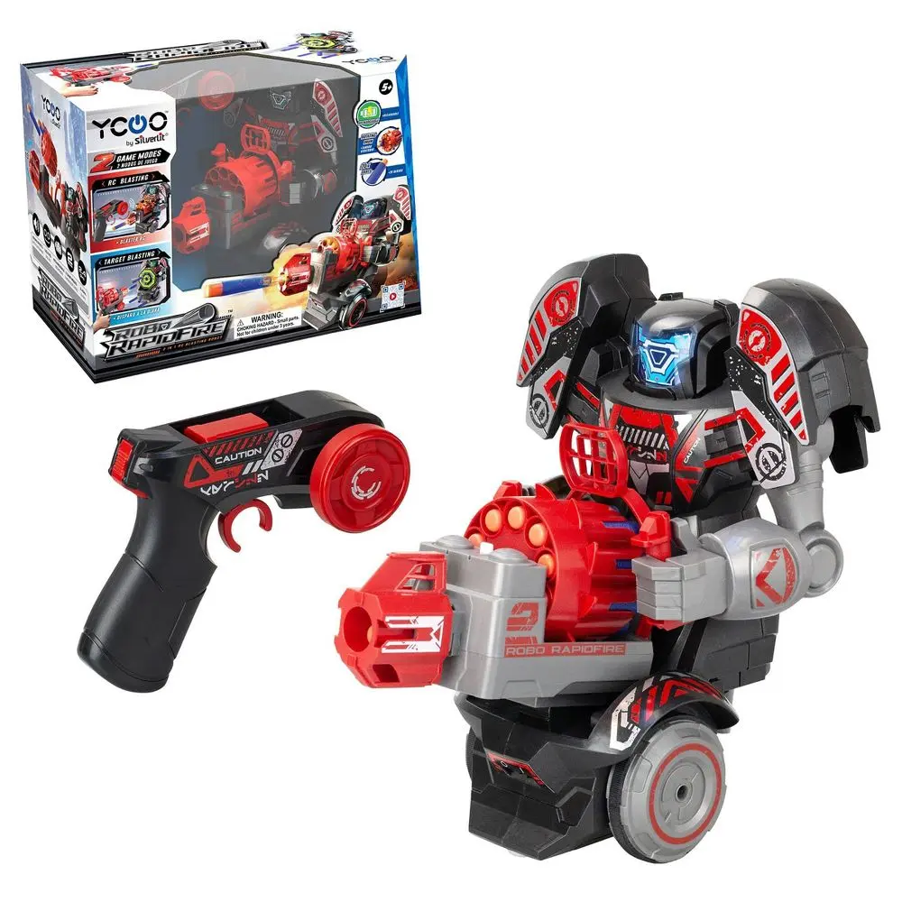 ROBO RAPIDFIRE Silverlit 2-in-1 Remote Control Blasting Robot with Rechargeable Battery Lights Sounds and Soft Dart Blaster
