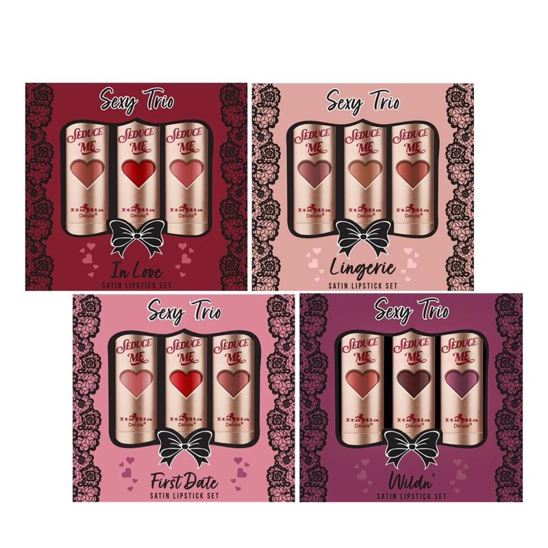 Italia Deluxe Sexy Trio Satin Lipstick Sets - Lingerie, First Date, Wildin, In Love, Satin Lipsticks with Cocoa Butter Scent for Smooth Application