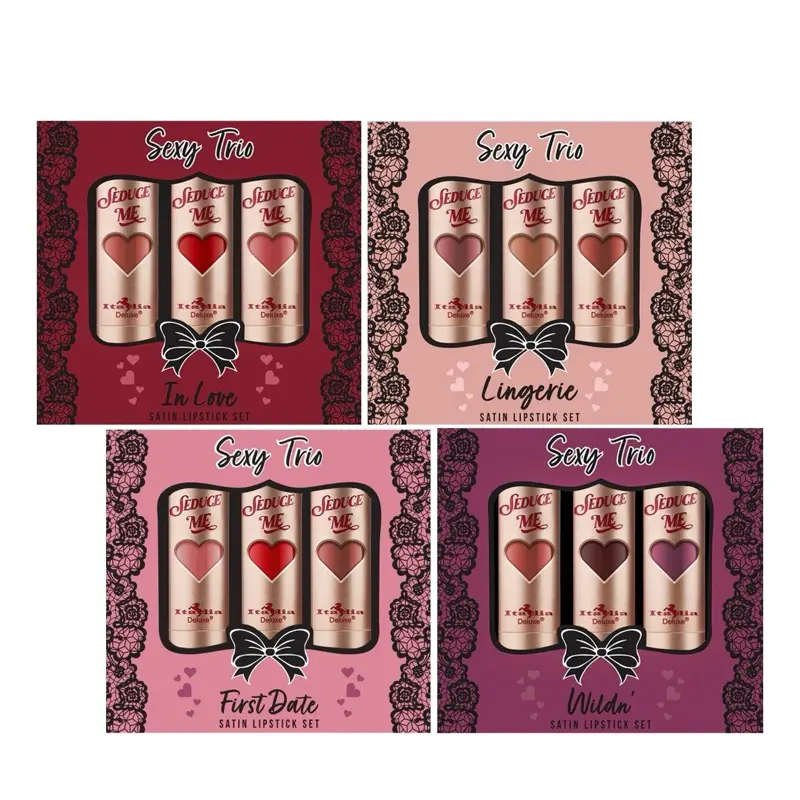 Italia Deluxe Sexy Trio Satin Lipstick Sets - Lingerie, First Date, Wildin, In Love, Satin Lipsticks with Cocoa Butter Scent for Smooth Application