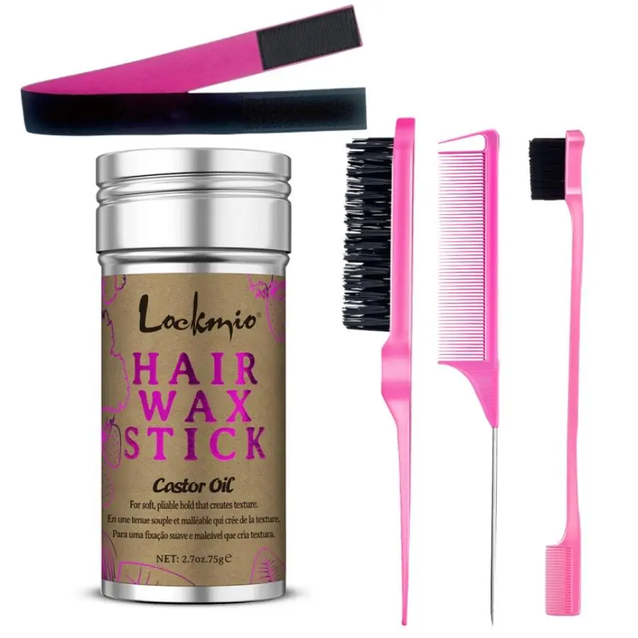 5pcs Hair Wax Stick Tool Set Ideal for hair edge control, fixing and tidying stray hairs, smoothing frizzy and curly hair. Equipped with three combs and hair bands, suitable for all hair types