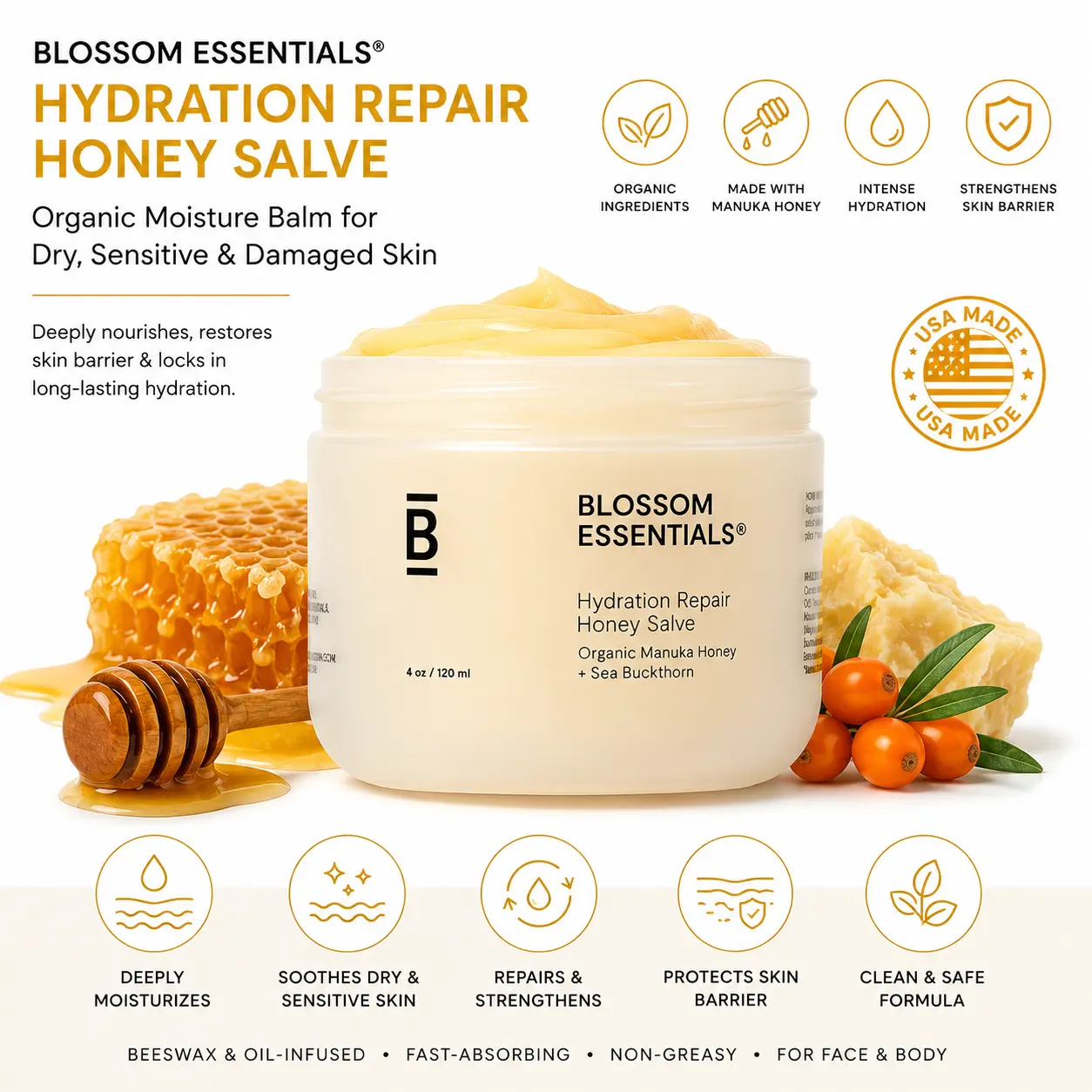 Blossom Essentials Organic Hydration Repair Honey Salve - Beeswax & Oil-Infused Moisturizer for Dry, Sensitive Skin - Fast-Absorbing, Skin Barrier Repair Balm for Adults - USA-Made, 4oz, Hydrate Moisture Daily, Nourishing, Slugging, Body Balm, Mature, Sea